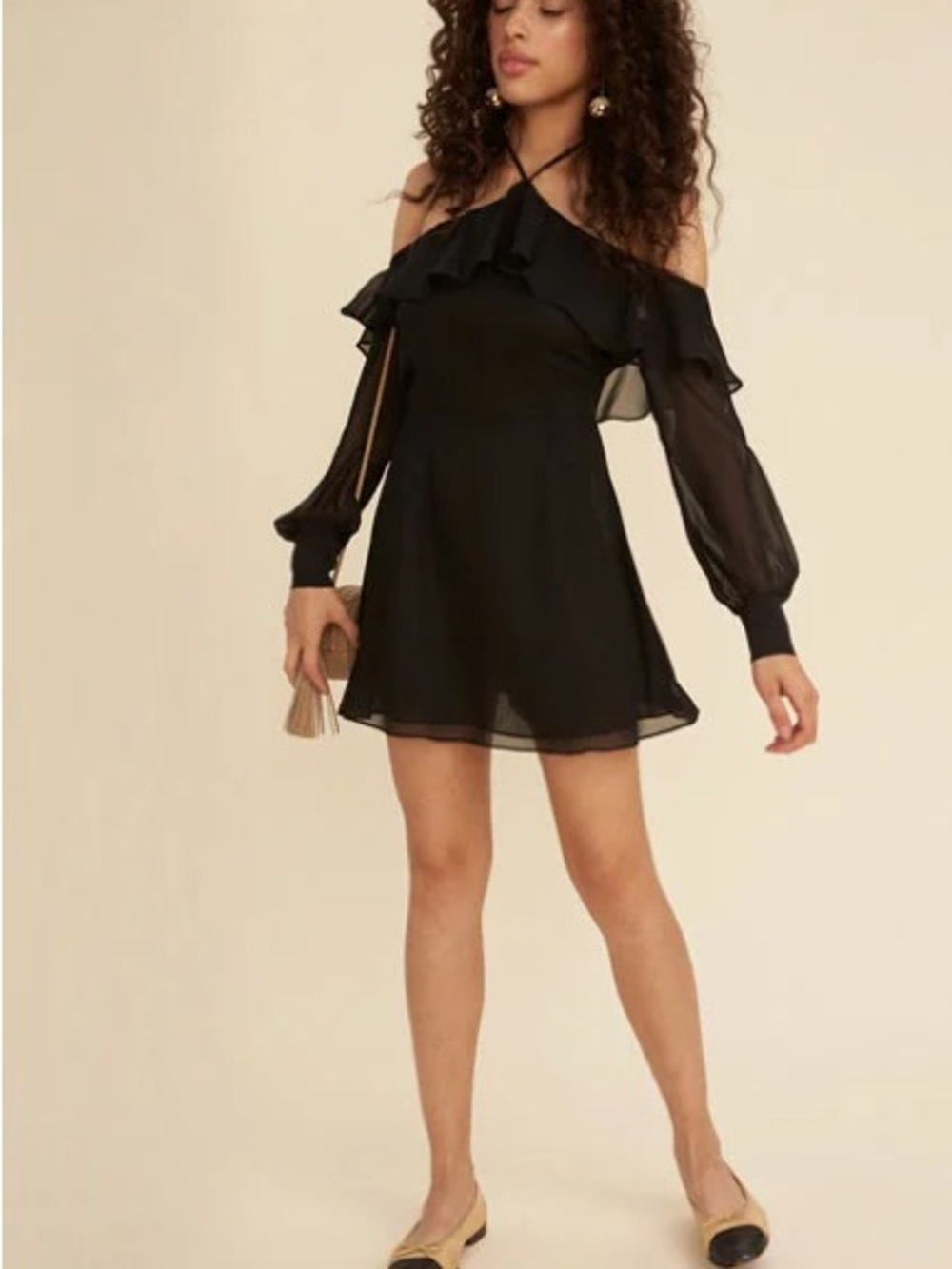 LPA Black Off-Shoulder Ruffle Long-Sleeve Mini Dress